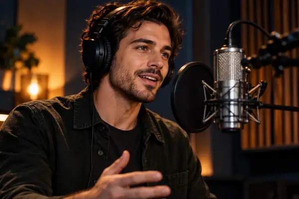 Original adult male voice performer in a softly lit studio portrait
